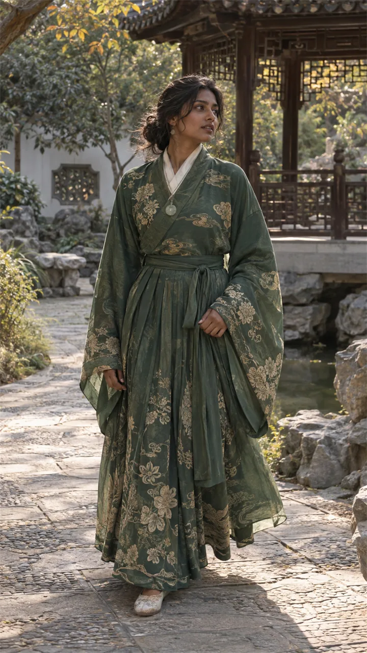 South Asian woman wearing a Hanfu-inspired portrait look