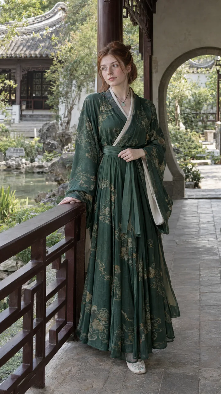White European woman wearing a Hanfu-inspired portrait look