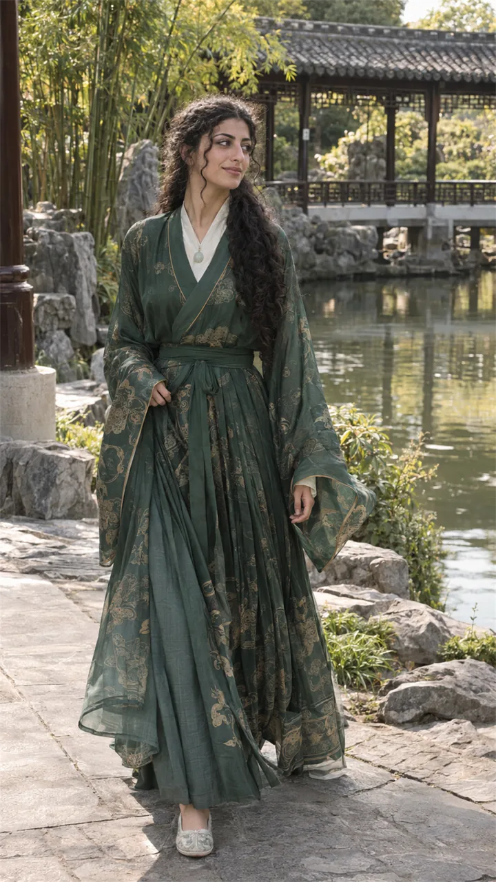Middle Eastern woman wearing a Hanfu-inspired portrait look