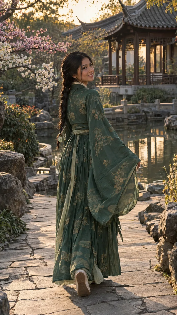 Latina woman wearing a Hanfu-inspired portrait look